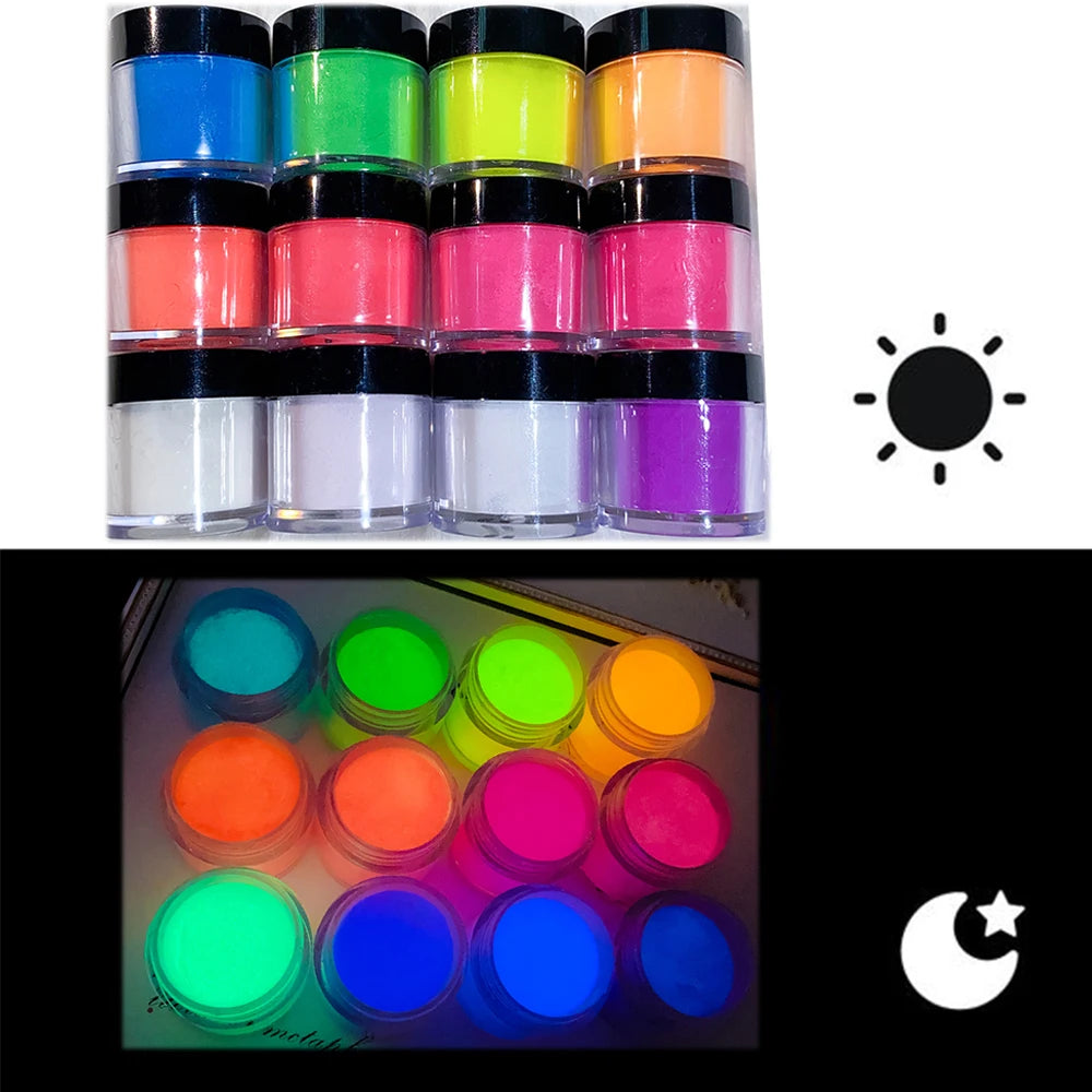 12 Jars of Glow in the Dark Acrylic Powder 10G